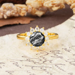 Dainty Vintage Script Background Sun Halo Round Cut Black Rutilated Quartz Engagement Ring - Additional view