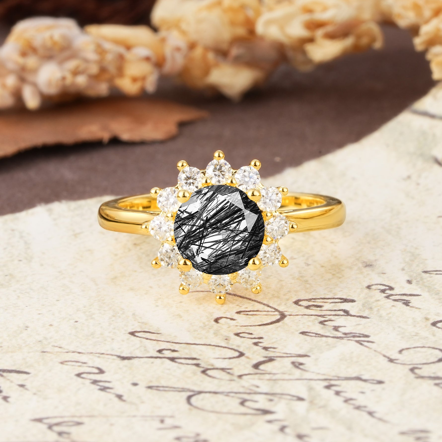 Dainty Vintage Script Background Sun Halo Round Cut Black Rutilated Quartz Engagement Ring - Additional view