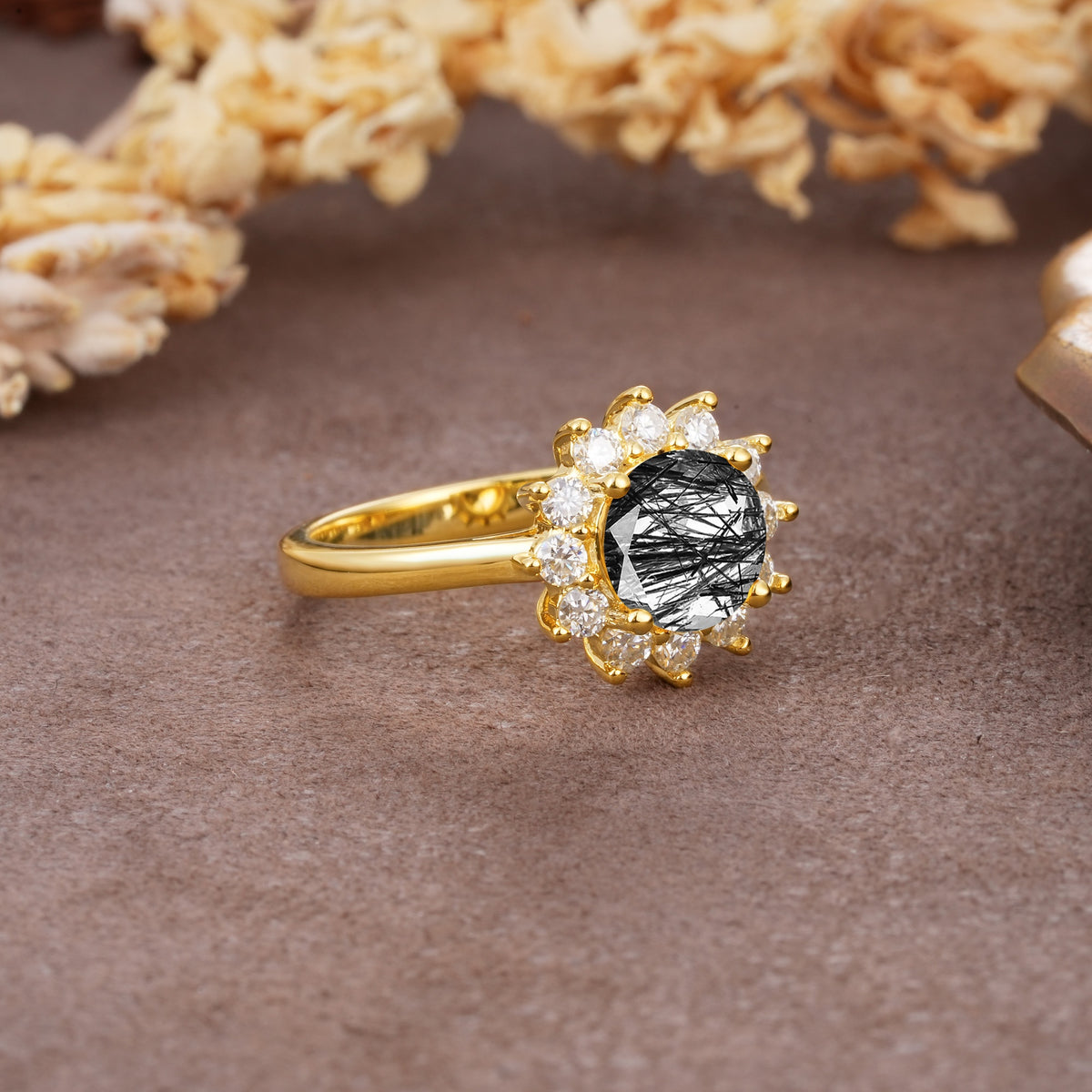 Dainty Vintage Script Background Sun Halo Round Cut Black Rutilated Quartz Engagement Ring - Additional view