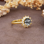 Dainty Vintage Script Background Sun Halo Round Cut Black Rutilated Quartz Engagement Ring - Additional view