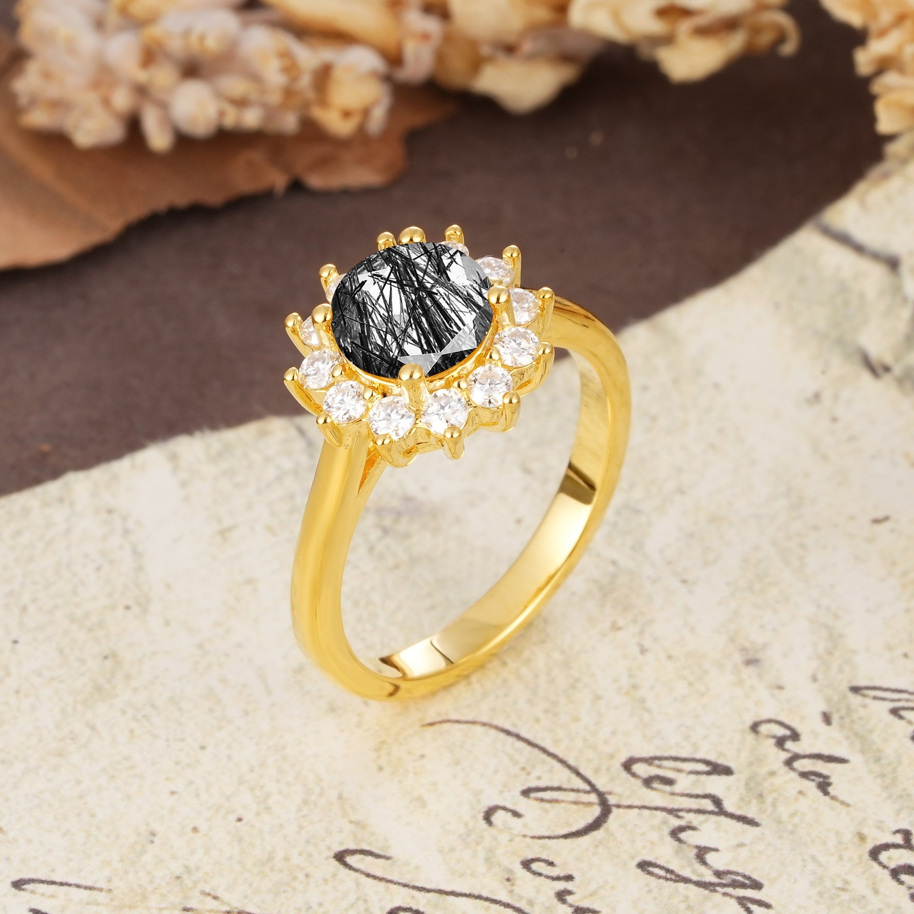 Dainty Vintage Script Background Sun Halo Round Cut Black Rutilated Quartz Engagement Ring - Additional view