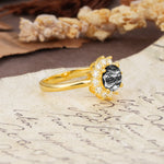 Dainty Vintage Script Background Sun Halo Round Cut Black Rutilated Quartz Engagement Ring - Additional view