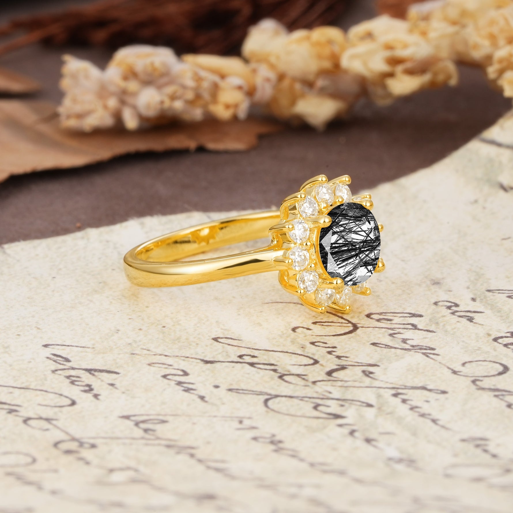 Dainty Vintage Script Background Sun Halo Round Cut Black Rutilated Quartz Engagement Ring - Additional view
