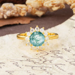 Dainty Vintage Script Background Sun Halo Round Cut Moss Agate Engagement Ring - Additional view