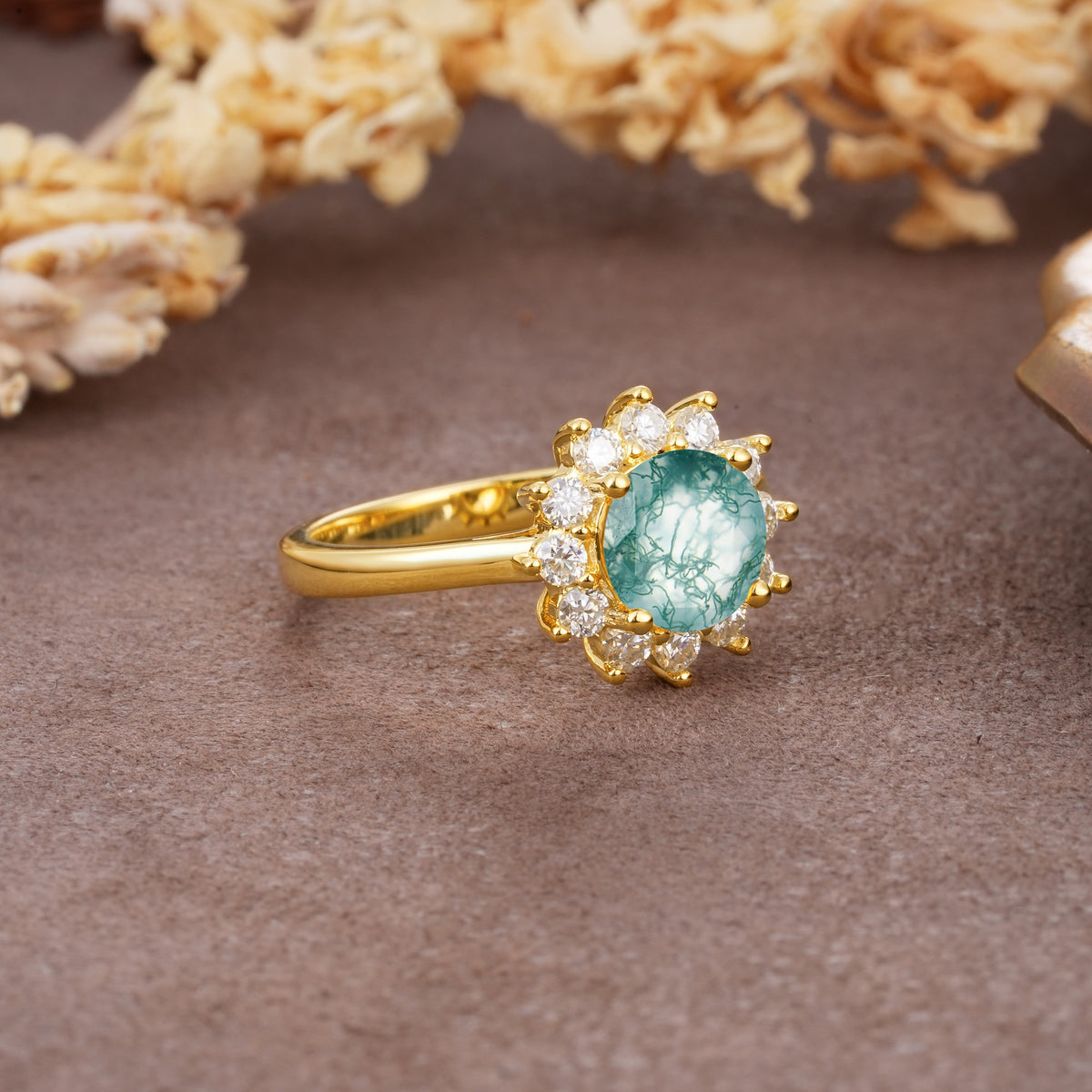 Dainty Vintage Script Background Sun Halo Round Cut Moss Agate Engagement Ring - Additional view