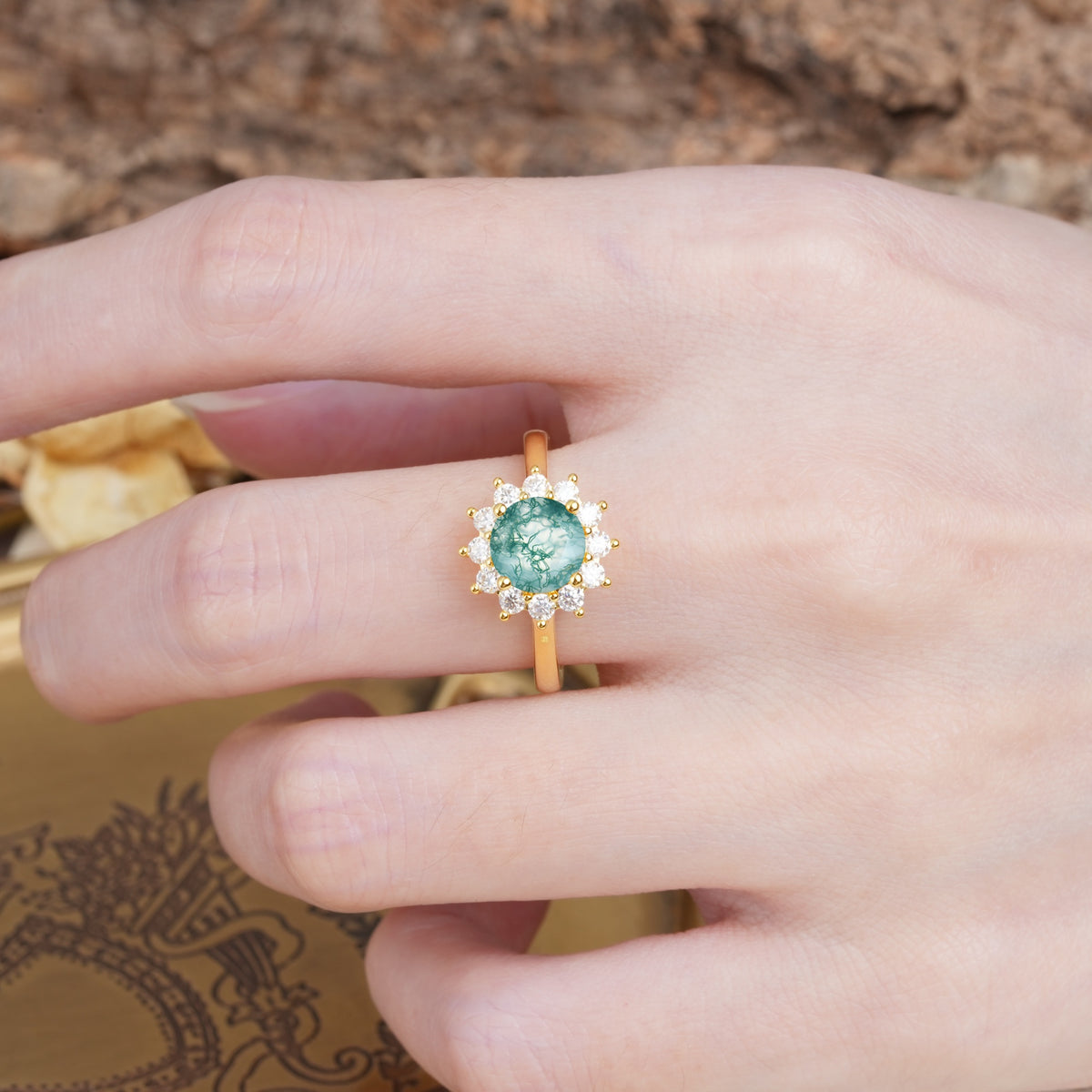 Dainty Vintage Script Background Sun Halo Round Cut Moss Agate Engagement Ring - Additional view