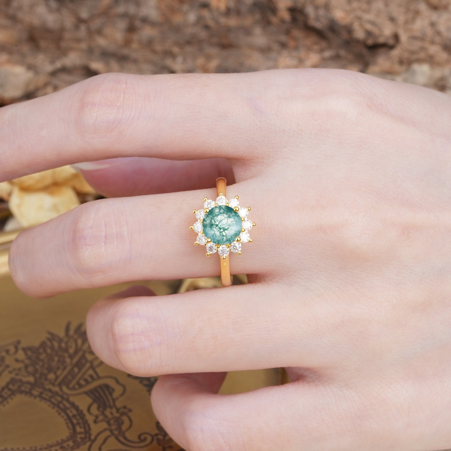 Dainty Vintage Script Background Sun Halo Round Cut Moss Agate Engagement Ring - Additional view