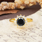 Dainty Vintage Script Background Sun Halo Round Cut Black Onyx Engagement Ring - Additional view