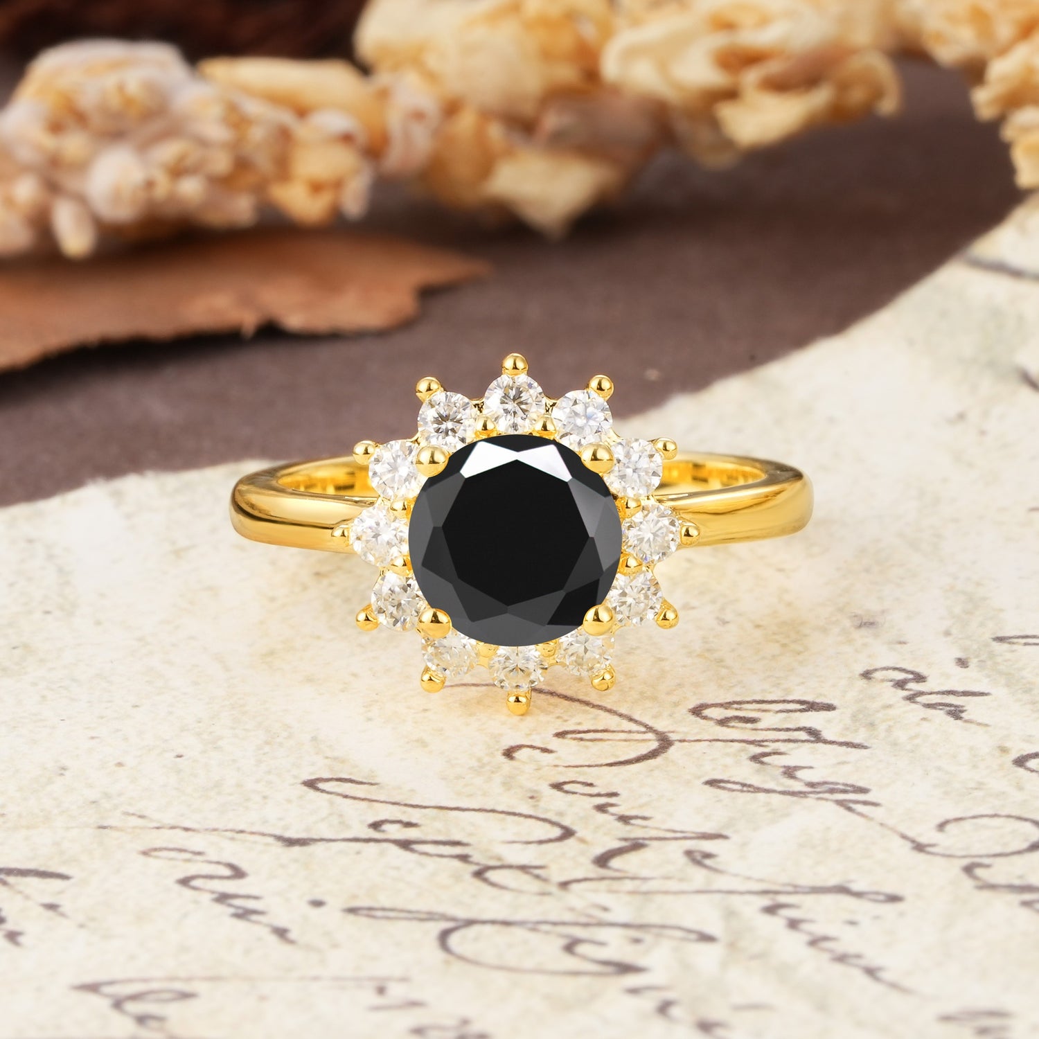 Dainty Vintage Script Background Sun Halo Round Cut Black Onyx Engagement Ring - Additional view