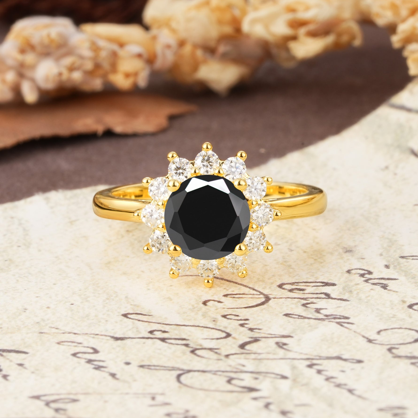 Dainty Vintage Script Background Sun Halo Round Cut Black Onyx Engagement Ring - Additional view