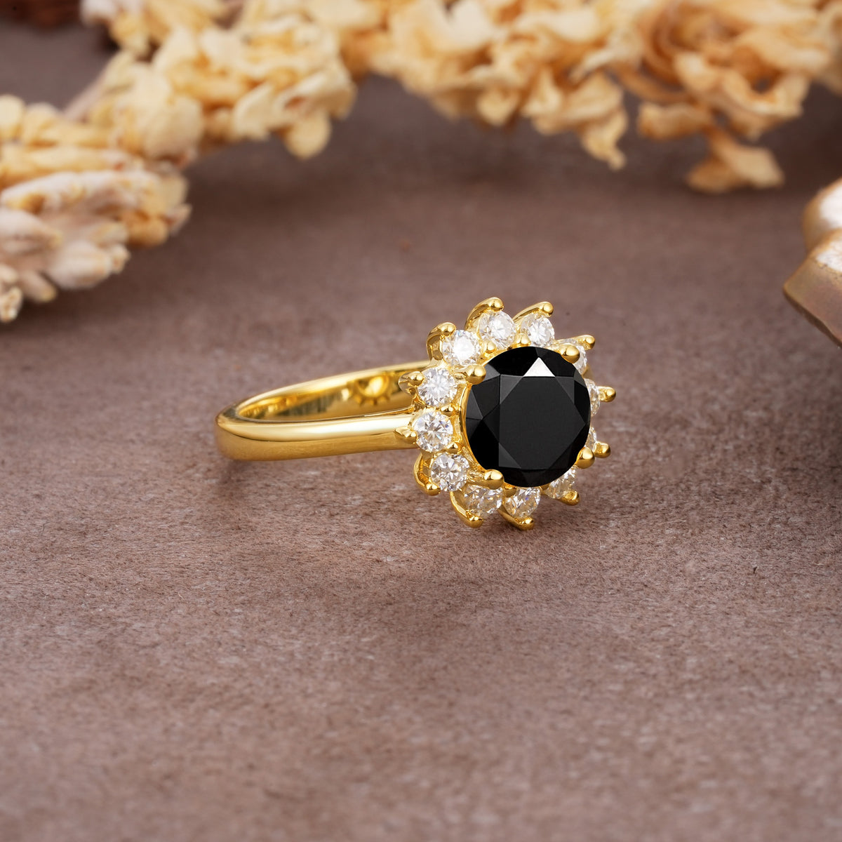 Dainty Vintage Script Background Sun Halo Round Cut Black Onyx Engagement Ring - Additional view