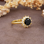 Dainty Vintage Script Background Sun Halo Round Cut Black Onyx Engagement Ring - Additional view