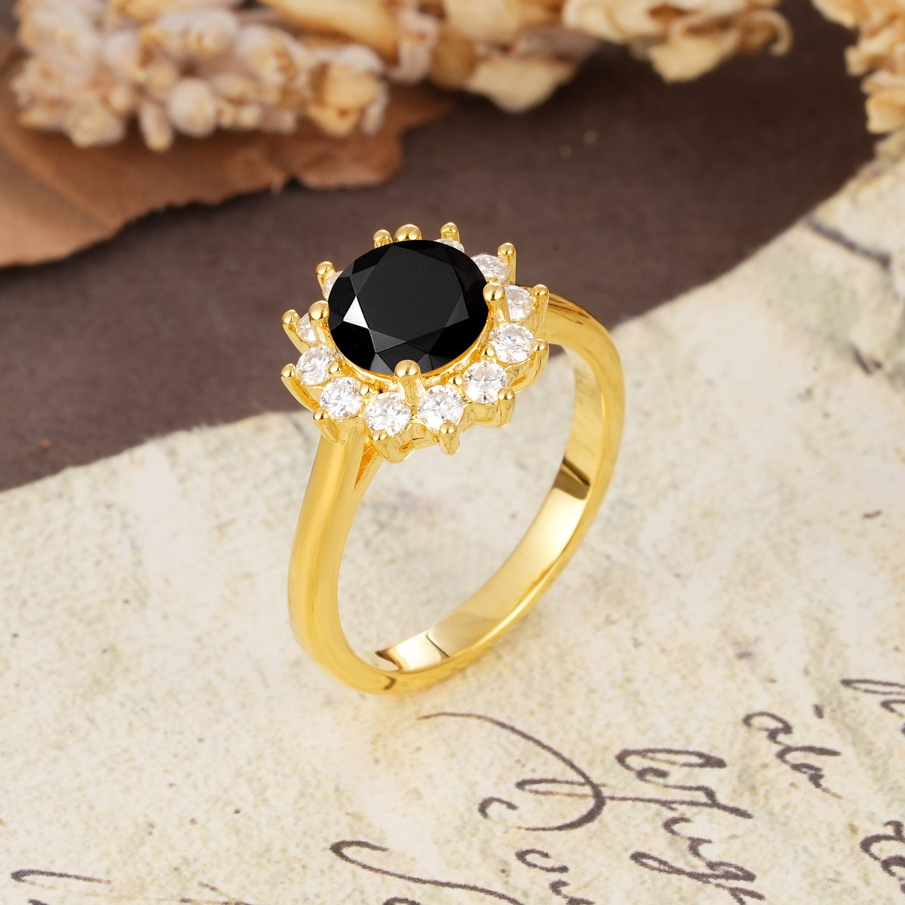 Dainty Vintage Script Background Sun Halo Round Cut Black Onyx Engagement Ring - Additional view