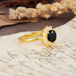 Dainty Vintage Script Background Sun Halo Round Cut Black Onyx Engagement Ring - Additional view