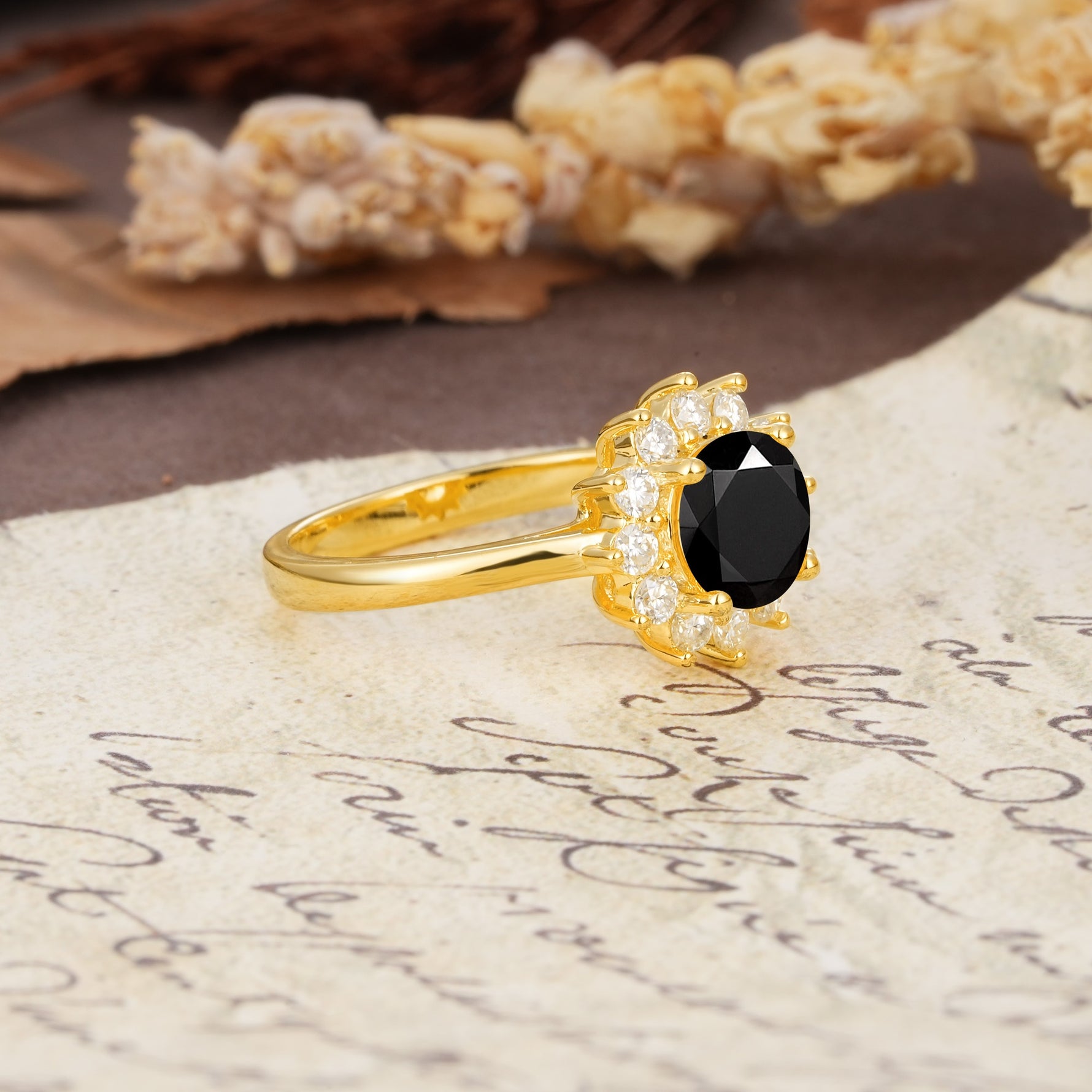 Dainty Vintage Script Background Sun Halo Round Cut Black Onyx Engagement Ring - Additional view