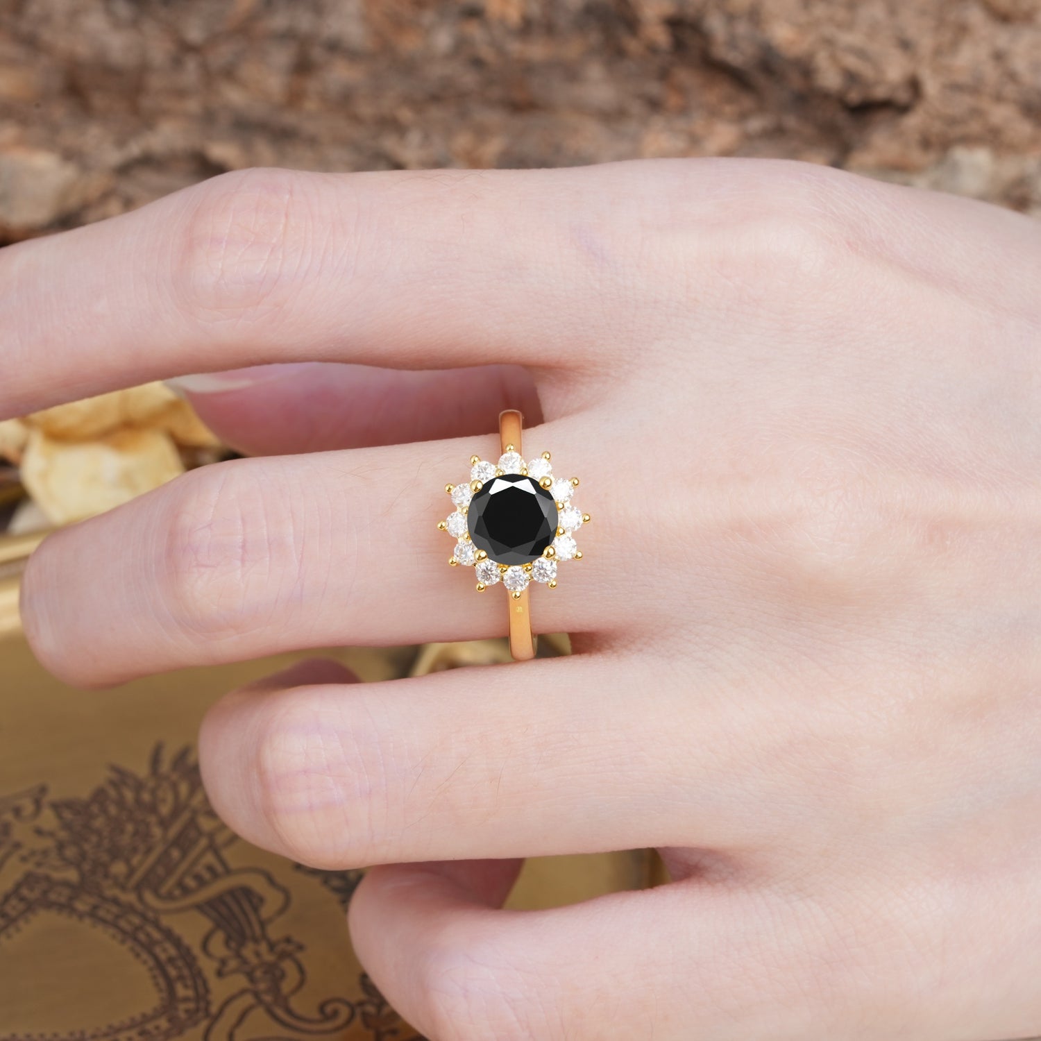 Dainty Vintage Script Background Sun Halo Round Cut Black Onyx Engagement Ring - Additional view