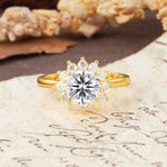 Dainty Vintage Script Background Sun Halo Round Cut Lab Diamond Engagement Ring - Additional view