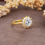 Dainty Vintage Script Background Sun Halo Round Cut Lab Diamond Engagement Ring - Additional view