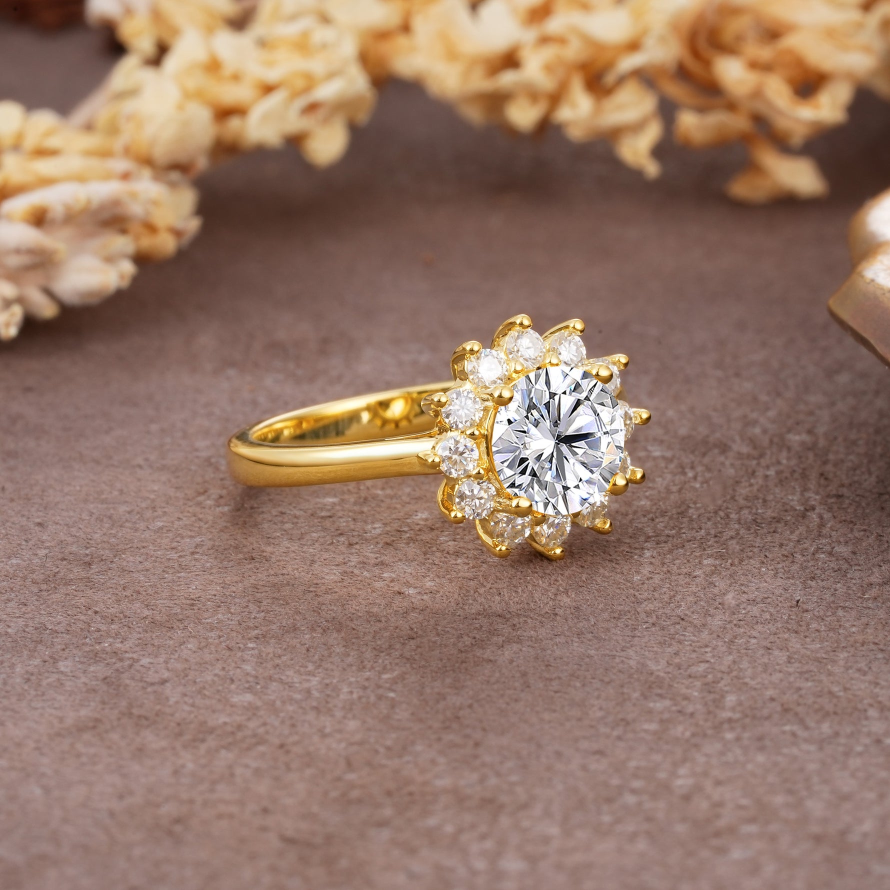 Dainty Vintage Script Background Sun Halo Round Cut Lab Diamond Engagement Ring - Additional view