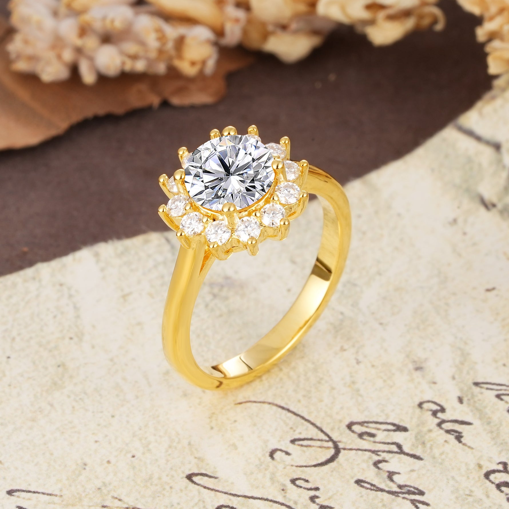 Dainty Vintage Script Background Sun Halo Round Cut Lab Diamond Engagement Ring - Additional view