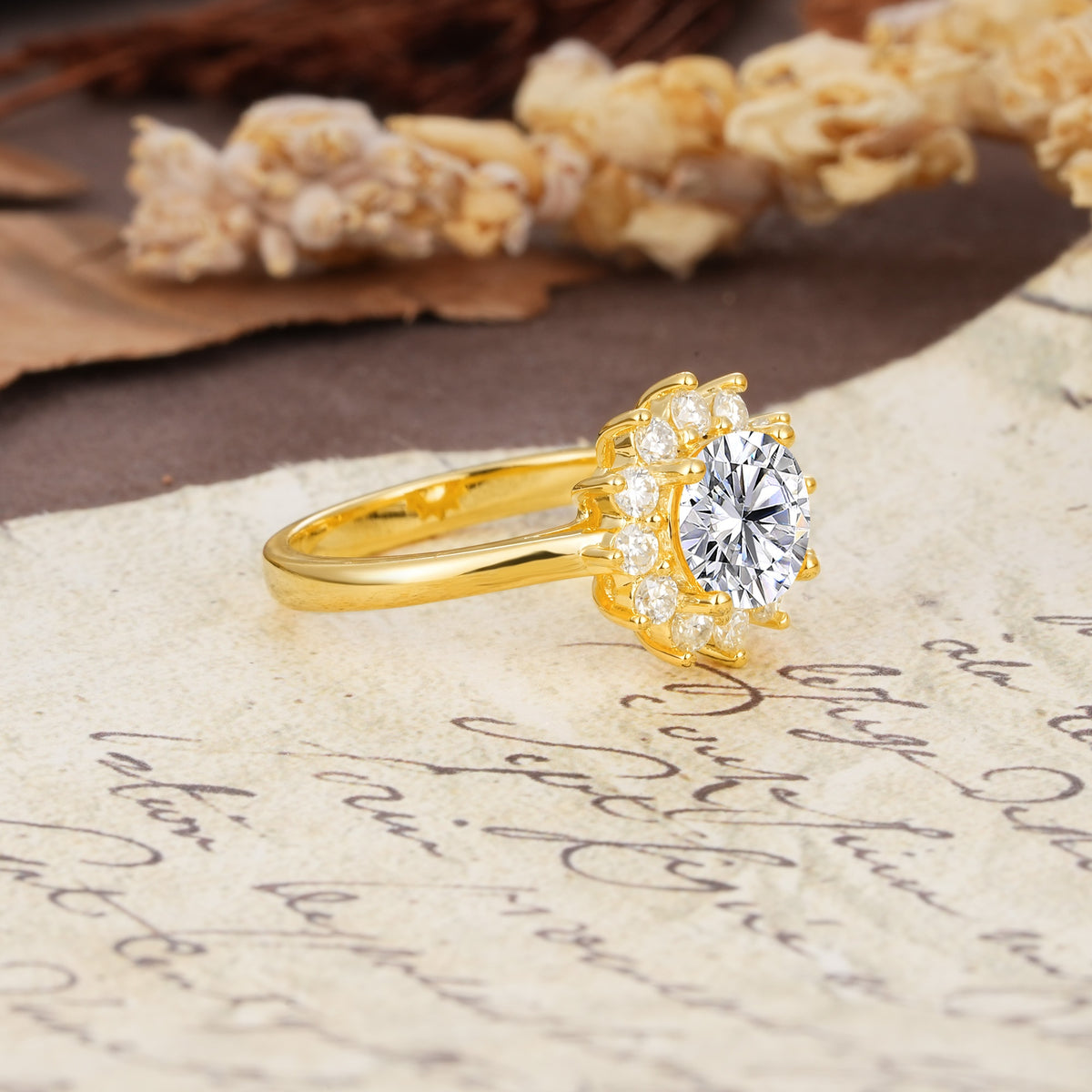 Dainty Vintage Script Background Sun Halo Round Cut Lab Diamond Engagement Ring - Additional view