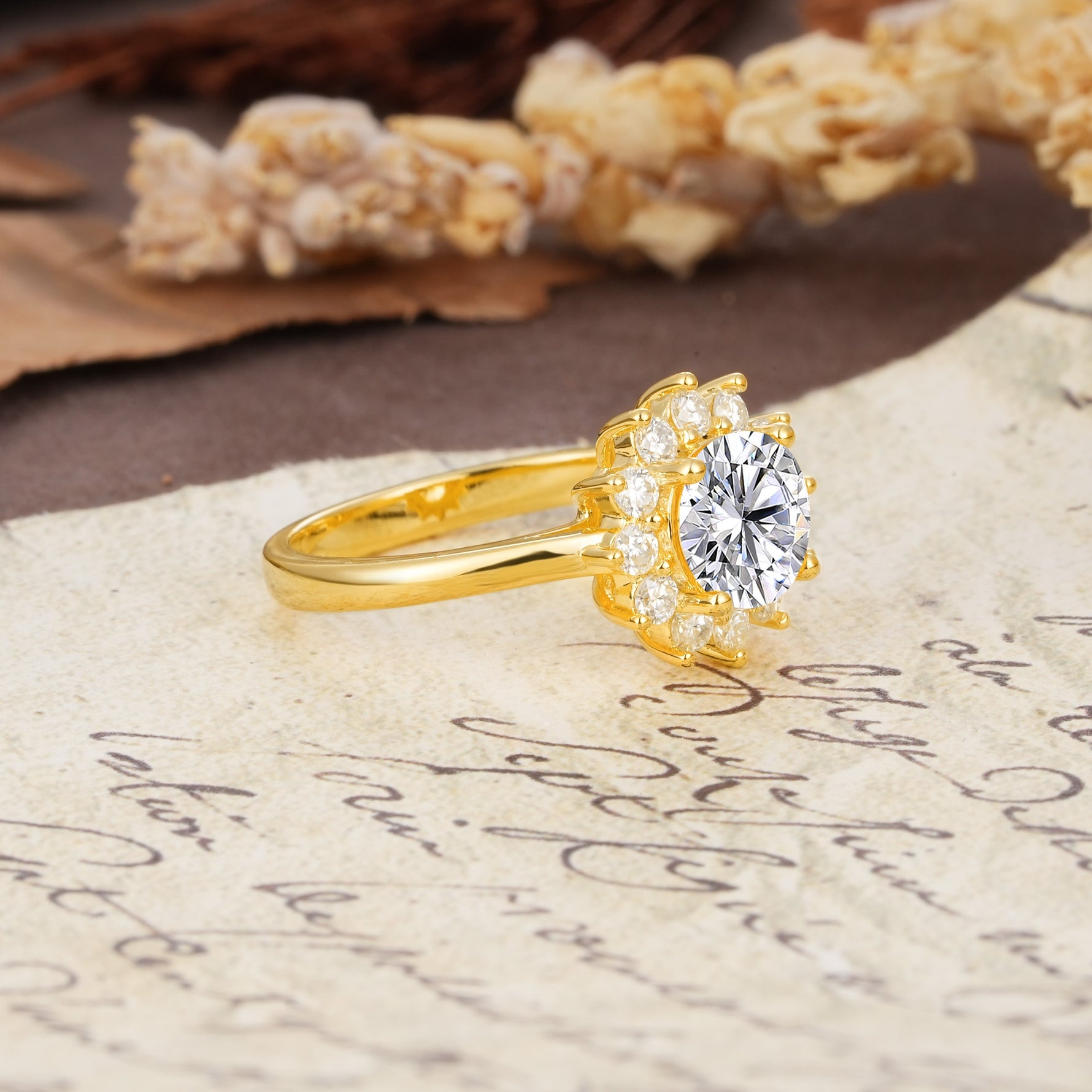 Dainty Vintage Script Background Sun Halo Round Cut Lab Diamond Engagement Ring - Additional view