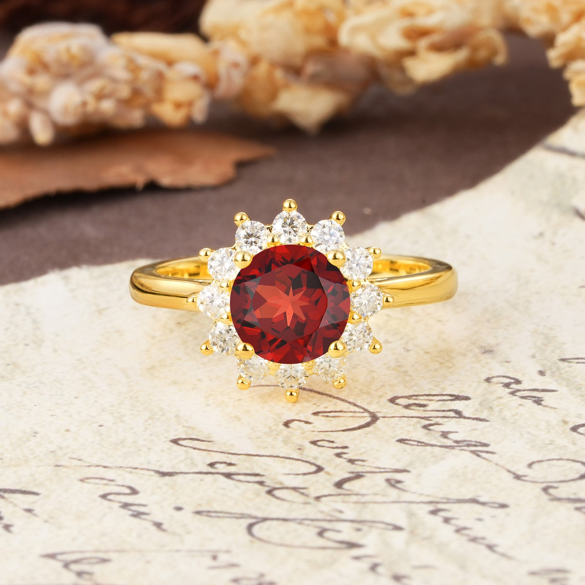 Dainty Vintage Script Background Sun Halo Round Cut Garnet Engagement Ring - Additional view
