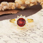 Dainty Vintage Script Background Sun Halo Round Cut Garnet Engagement Ring - Additional view