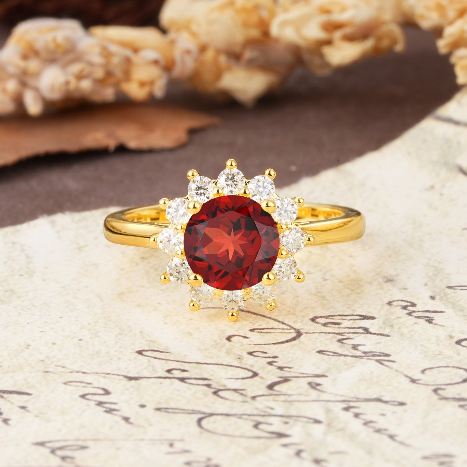 Dainty Vintage Script Background Sun Halo Round Cut Garnet Engagement Ring - Additional view