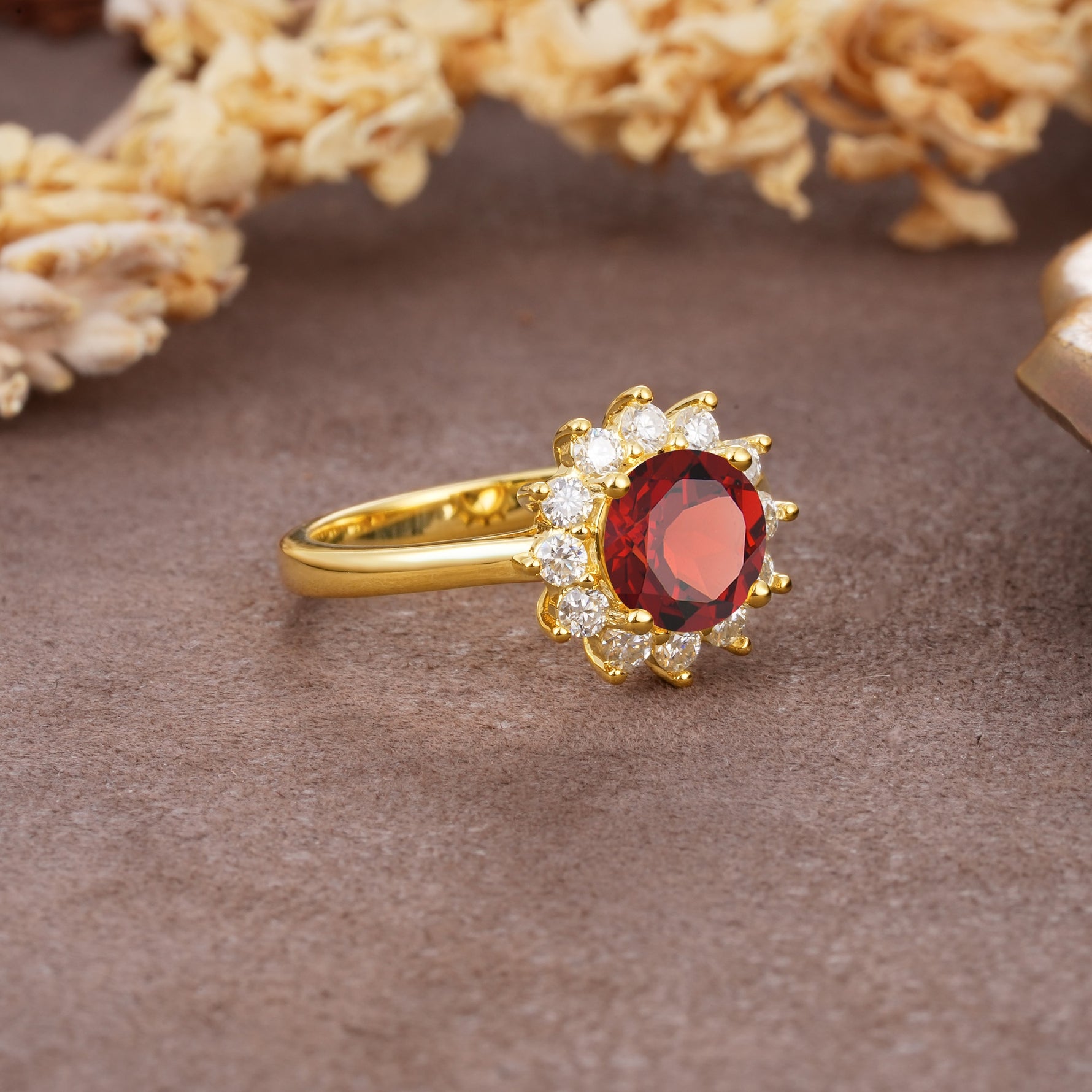 Dainty Vintage Script Background Sun Halo Round Cut Garnet Engagement Ring - Additional view