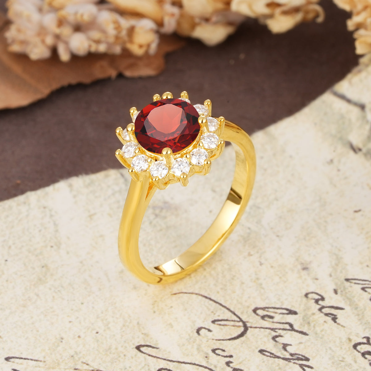 Dainty Vintage Script Background Sun Halo Round Cut Garnet Engagement Ring - Additional view