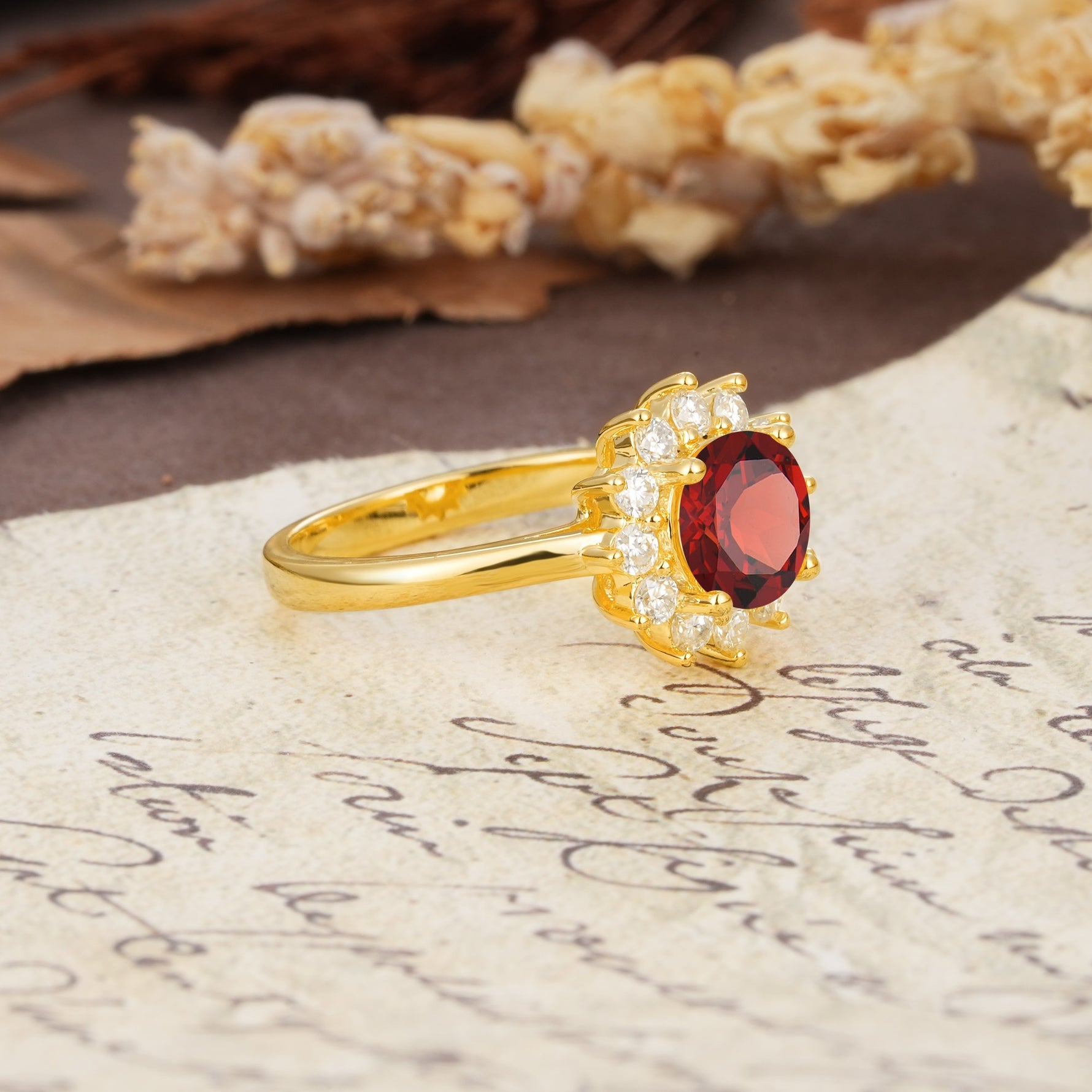 Dainty Vintage Script Background Sun Halo Round Cut Garnet Engagement Ring - Additional view