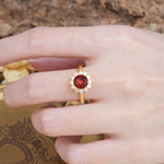 Dainty Vintage Script Background Sun Halo Round Cut Garnet Engagement Ring - Additional view