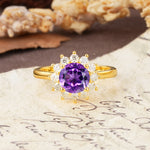 Dainty Vintage Script Background Sun Halo Round Cut Amethyst Engagement Ring - Additional view