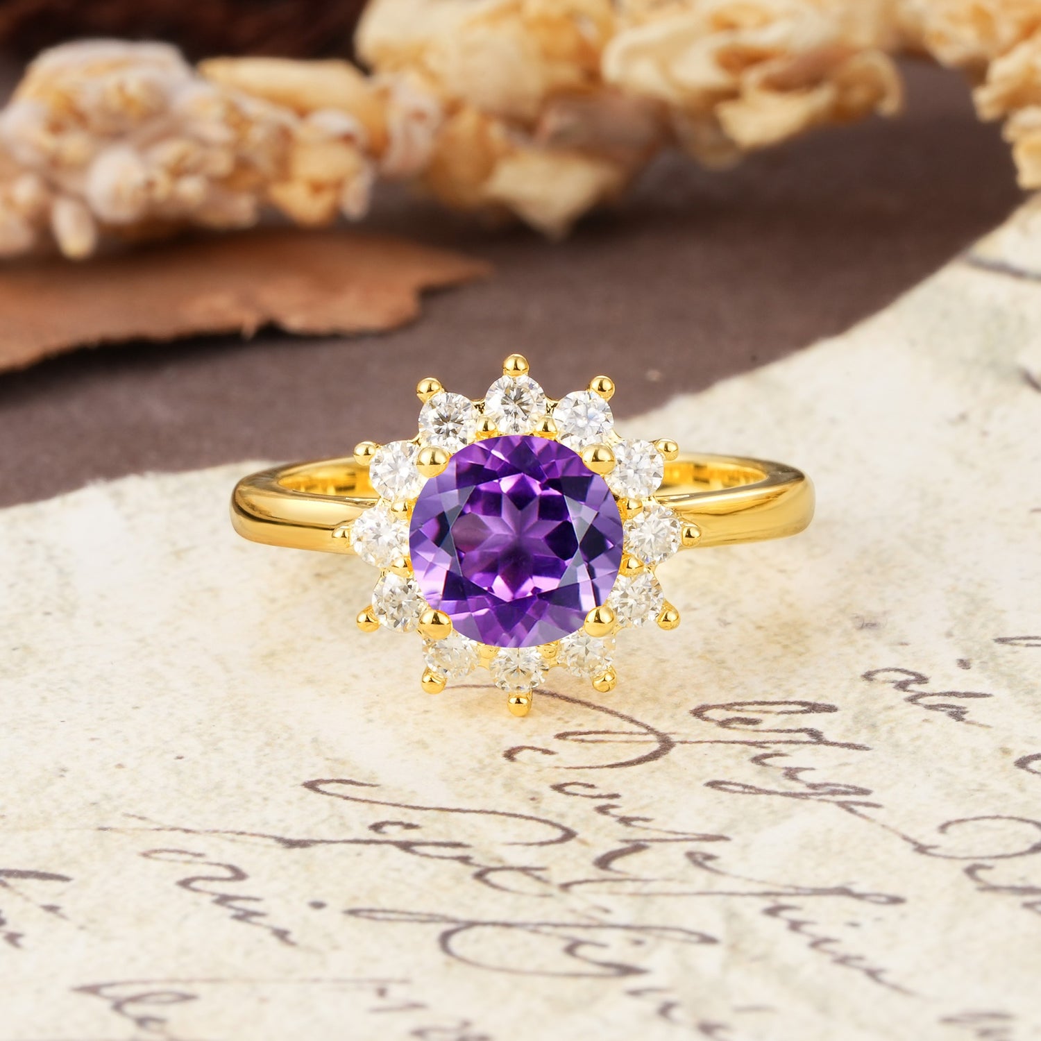 Dainty Vintage Script Background Sun Halo Round Cut Amethyst Engagement Ring - Additional view
