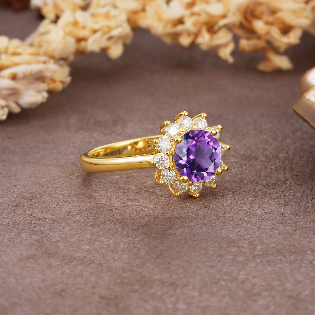Dainty Vintage Script Background Sun Halo Round Cut Amethyst Engagement Ring - Additional view