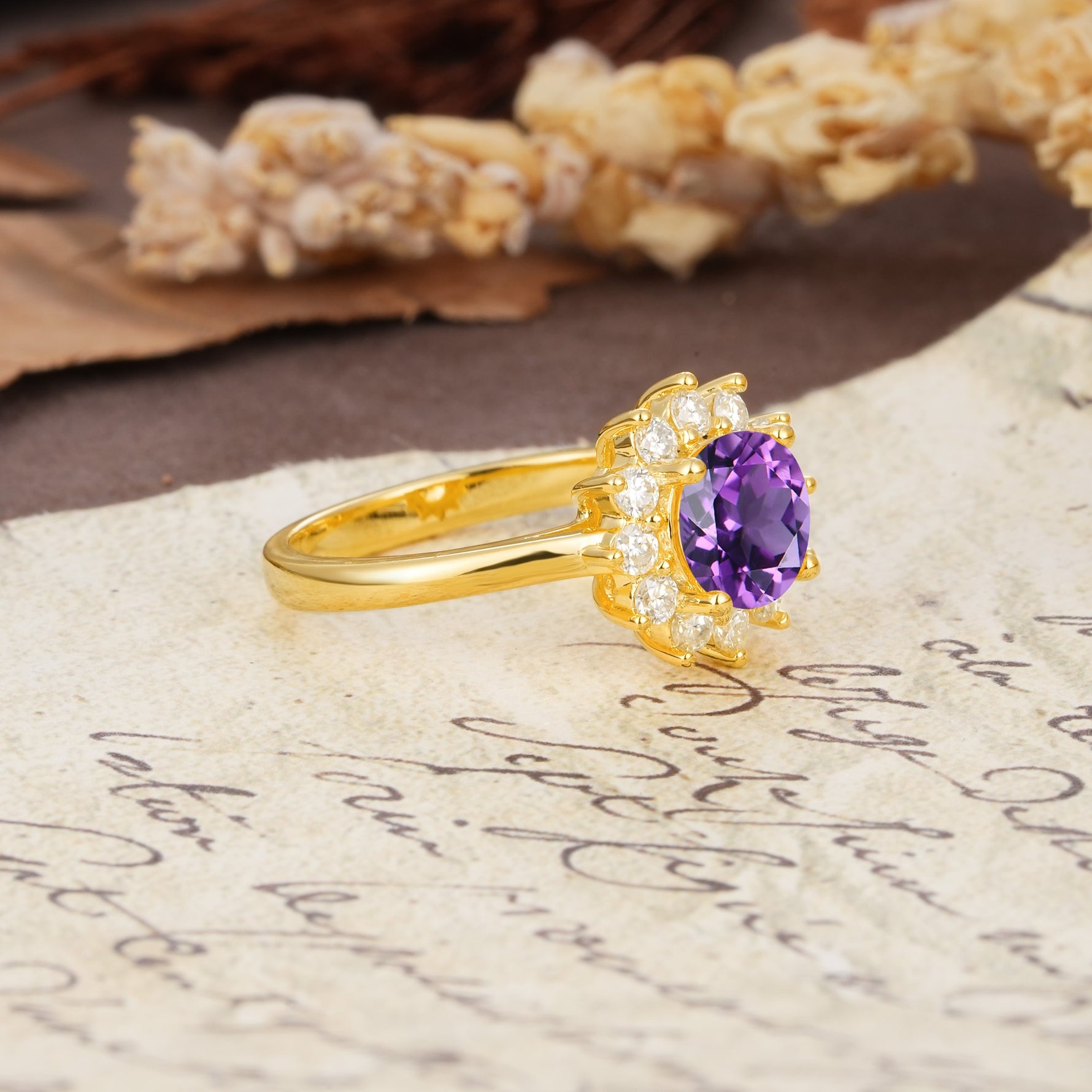 Dainty Vintage Script Background Sun Halo Round Cut Amethyst Engagement Ring - Additional view