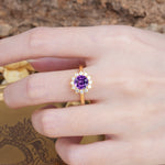 Dainty Vintage Script Background Sun Halo Round Cut Amethyst Engagement Ring - Additional view
