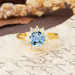 Dainty Vintage Script Background Sun Halo Round Cut Aquamarine Engagement Ring - Additional view