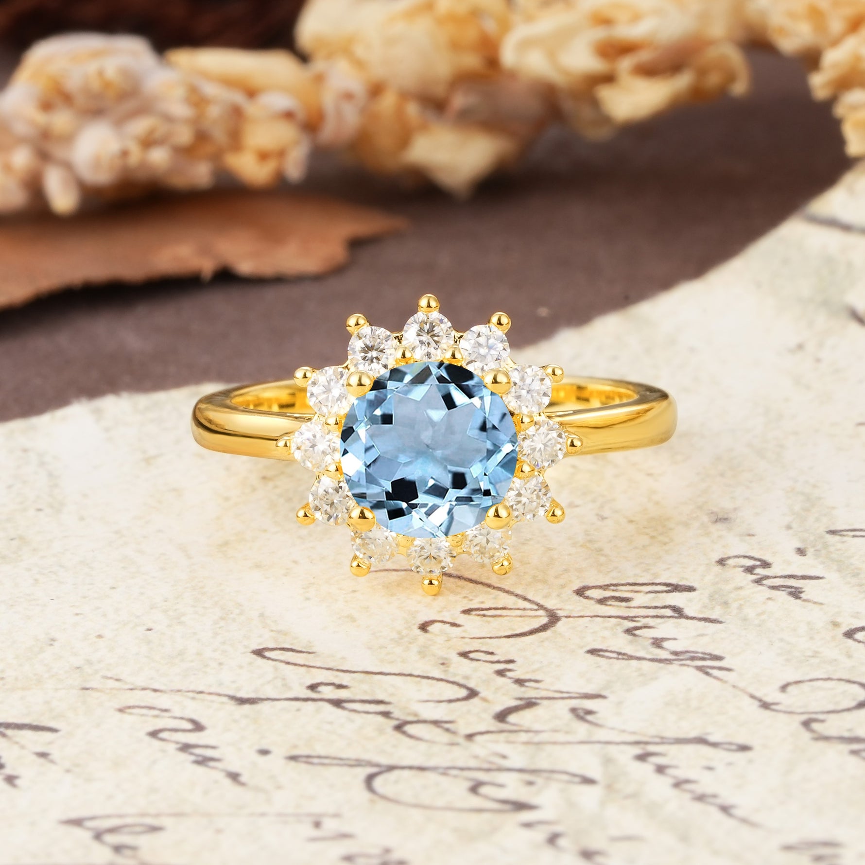 Dainty Vintage Script Background Sun Halo Round Cut Aquamarine Engagement Ring - Additional view