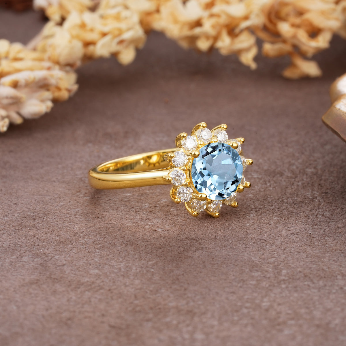 Dainty Vintage Script Background Sun Halo Round Cut Aquamarine Engagement Ring - Additional view