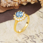 Dainty Vintage Script Background Sun Halo Round Cut Aquamarine Engagement Ring - Additional view