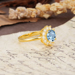 Dainty Vintage Script Background Sun Halo Round Cut Aquamarine Engagement Ring - Additional view