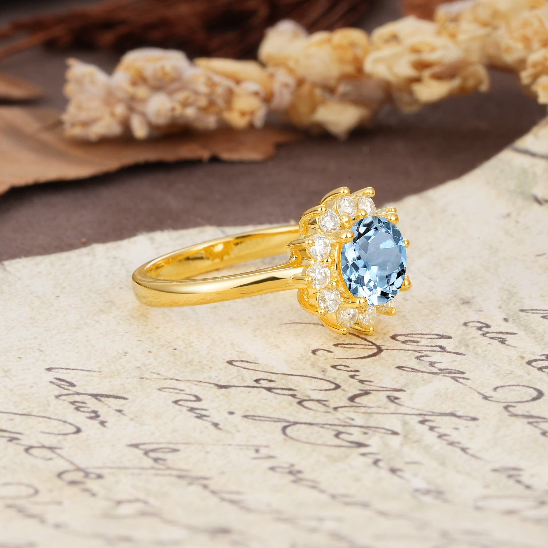 Dainty Vintage Script Background Sun Halo Round Cut Aquamarine Engagement Ring - Additional view