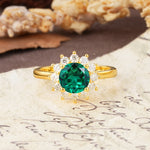 Dainty Vintage Script Background Sun Halo Round Cut Emerald Engagement Ring - Additional view