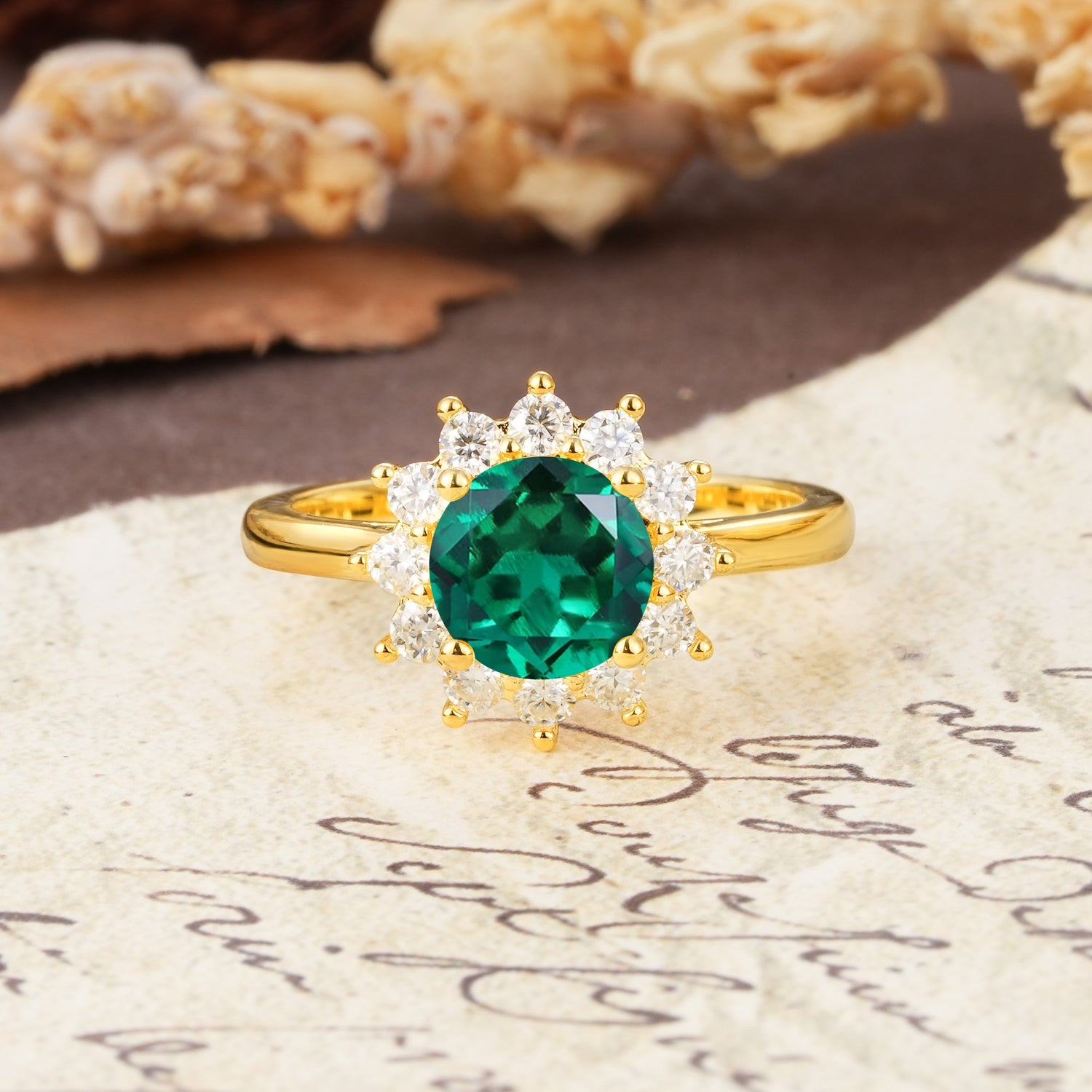 Dainty Vintage Script Background Sun Halo Round Cut Emerald Engagement Ring - Additional view