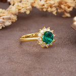 Dainty Vintage Script Background Sun Halo Round Cut Emerald Engagement Ring - Additional view