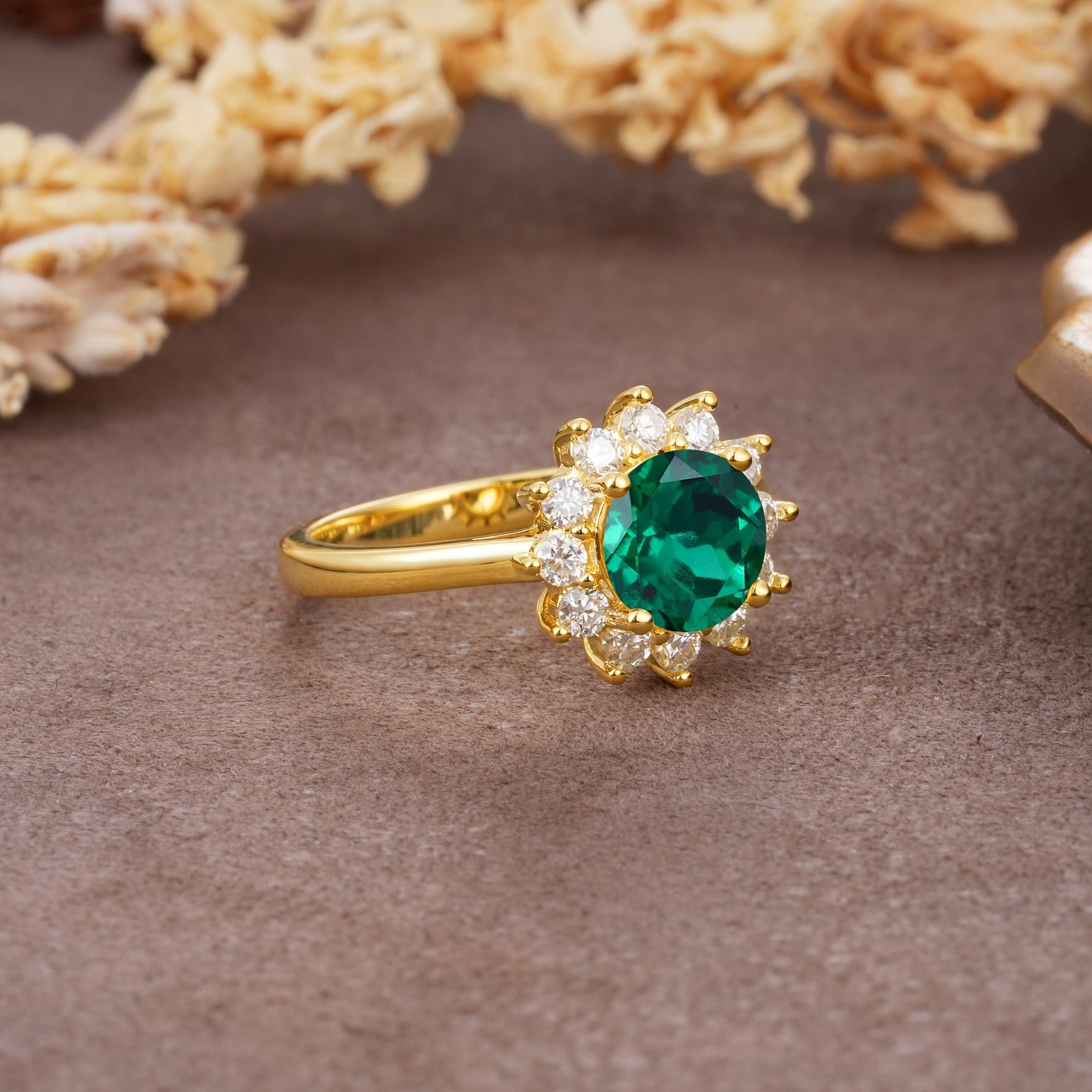 Dainty Vintage Script Background Sun Halo Round Cut Emerald Engagement Ring - Additional view