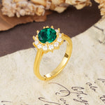 Dainty Vintage Script Background Sun Halo Round Cut Emerald Engagement Ring - Additional view