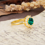 Dainty Vintage Script Background Sun Halo Round Cut Emerald Engagement Ring - Additional view